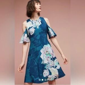 Maeve x Anthropologie | Blue Floral Elia Cold Open Shoulder Dress - Size 6
